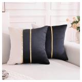 TAOSON Velvet Throw Pillow Covers,Pack of 2 Soft Decorative Cushion Covers Cases Black Beige Patchwork with Gold Leather for Sofa Bedroom Livingroom Car, 16 x 16 Inch