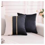 TAOSON Velvet Throw Pillow Covers,Pack of 2 Soft Decorative Cushion Covers Cases Black Beige Patchwork with Gold Leather for Sofa Bedroom Livingroom Car, 16 x 16 Inch