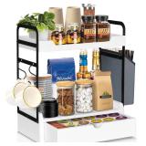 Coffee Station Organizer for Counter, Condiment Storage Caddy for Kitchen with Hooks and Bag,2 Tier Wooden Shelf for Coffee Bar Accessories,Coffee Bar Organizer for Kitchen, Home, Office-Brown