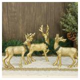 Lulu Home Christmas Tabletop Decorations, 3 Packs Resin Golden Reindeer Figurines with Green Wreath, Xmas Holiday Winter Centerpieces Ornaments for Fireplace Mantel Shelf Home Decor (One Antler Broke)