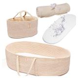 Trendy Baby Changing Basket- Unisex Baby Moses Basket Set of 4 Pieces, Waterproof Pad Cover, Caddy Diaper Organizer,Cotton Blanket - Boho Basket - Nursery Decor - Bassinet Changing Table Topper