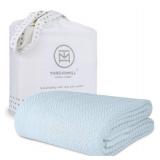 Threadmill Luxury Cotton Blankets for Queen Size Bed | All-Season 100% Cotton Queen Size Blanket | Herringbone Cozy, Soft Breathable Fall Thermal Blanket fits Full Size Bed | Light Blue
