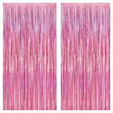 2 Pack Glitter Pink Backdrop, 3.28 FT x 7.05 FT Birthday Party Decorations, Laser Pink Fringe Curtains Foil Streamer Tinsel, Pink Curtains Photo Backdrop Happy Birthday Backdrop
