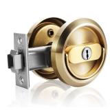 ZZBUY Pocket Door Lock with Key, Round Recessed Pocket Door Latch with Hidden Pull Ring, 2-3/8" Backset (1 Pack Gold)
