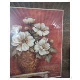 Framed White Flowers Art Print with Red Background