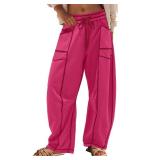 Panadila Womens Barrel Pants Drawstring Wide Leg Sweatpants Baggy Summer Lounge Pants Casual Beach Trousers (Hot Pink,XL)