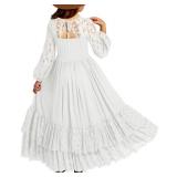 MITILLY Girls Boho Long Sleeve Backless Lace Flower Square Neck Tiered Ruffle Swing Party Maxi Dress 8 Years White