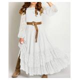 MITILLY Girls Boho Long Sleeve Backless Lace Flower Square Neck Tiered Ruffle Swing Party Maxi Dress 8 Years White
