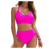 Blooming Jelly Womens High Waisted Bikini Sets Tummy Control Bathing Suit Drawstring Two Piece Swimsuit (Small, Pink)