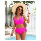 Blooming Jelly Womens High Waisted Bikini Sets Tummy Control Bathing Suit Drawstring Two Piece Swimsuit (Small, Pink)