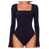 Avidlove Bodysuits for Women Sexy Long Sleeve Bodysuit Square Neck Double Lined Ruched Snap Closure Bodysuit Tops(Black,Medium)