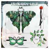 Halloween Green Butterfly Wings Costume for Womens, Butterfly Cape Set 4 PCS with Cloak, Mask, Headdress, Handheld, Halloween Fairy Wings Adult Women, Adult Fairy Wings
