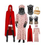 Maiteenly 7 Pcs Couples Halloween Wolf Granny Costume Red Hooded Cape for Adult Werewolf Cosplay with Gloves Mask Basket(Pink,Rose)