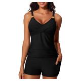 Summer Mae Womens Modest Tankini Swimsuits with Shorts 2025 Tummy Control Bathing Suits with Side Pockets Swimwear Black Size 10