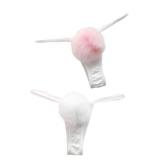 ADESUGATA Womens Thong Pantie Cute Rabbit Tail Low Waist G-String Fur Ball Solid Bikini T-Back Cosplay Bunny Girl Underwear S/M (White,Pink)