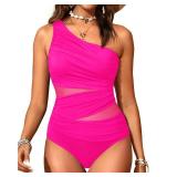 Aqua Eve Women Mesh One Piece Swimsuit - Tummy Control One Shoulder Bathing Suit Cut Out Swimwear 2025 Hot Pink Medium