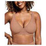 OEAK Womens Deep V Bras Wireless Comfortable Bra Supportive No Underwire Bras Tshirt Push Up Bralettes Plunge Seamless Bra Latte M