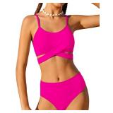 AGERWAY Girls Swimsuit Size 10-12 Girls Bathing Suit Criss Cross Bikini Set Two Piece Adjustable Shoulder Straps Swimwear Solid Color Hot Pink 11-12 Years