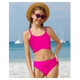 AGERWAY Girls Swimsuit Size 10-12 Girls Bathing Suit Criss Cross Bikini Set Two Piece Adjustable Shoulder Straps Swimwear Solid Color Hot Pink 11-12 Years