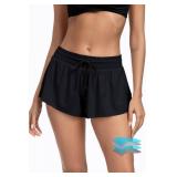 Beautikini Period Swim 2-in-1 Shorts Menstrual Leakproof Bathing Suit Bottoms Flowy Athletic Skirt for Teen Girls Black L