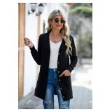 GRECERELLE Open Front Black Cardigan for Women Button Down Long Sleeve Sweater Outerwear with Pocket, Large