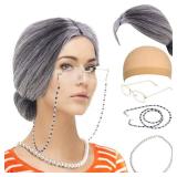 Feacole Old Lady Costume Set-Grandmother Wig,Wig Caps, Madea Granny Glasses, Eyeglass Retainer Chain,Pearl Necklace(5 Pieces)