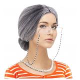 Feacole Old Lady Costume Set-Grandmother Wig,Wig Caps, Madea Granny Glasses, Eyeglass Retainer Chain,Pearl Necklace(5 Pieces)