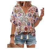 Vivilli Summer Tops: Boho Tops for Women - Beach Vacation Clothes Cute Blouses Womens Short Sleeve V Neck Tie Front Trendy Flowy Hippie Hawaiian Shirts Concert Ladies Tops and Blouses Red Floral XL