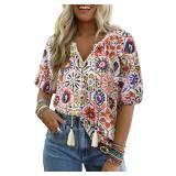 Vivilli Summer Tops: Boho Tops for Women - Beach Vacation Clothes Cute Blouses Womens Short Sleeve V Neck Tie Front Trendy Flowy Hippie Hawaiian Shirts Concert Ladies Tops and Blouses Red Floral XL