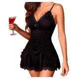 Girece Lingerie for Women Sexy Nightgowns for Adult Women Black Babydoll Lingerie Dress Sexy Date Night Lace Trim Sleep Dress V Neck Nighty Sleepwear & Loungewear for Romantic Nights(Black,L)