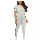 BNGPIKLY Womens Fashion 2 Piece Outfits Sweatsuits Summer Short Sleeve Loungewear Tracksuit Round Neck Lounge Sets Gray L