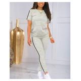 BNGPIKLY Womens Fashion 2 Piece Outfits Sweatsuits Summer Short Sleeve Loungewear Tracksuit Round Neck Lounge Sets Gray L
