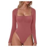 QINSEN Long Sleeve Bodysuit for Women Double Lined Square Neck T Shirt Bodycon Tops Merlot M