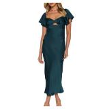 Summer Satin Flutter Sleeve Wedding Guest Dresses for Women Sweetheart Neckline Cutout Tie Back Midi Cocktail Dress, Small