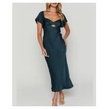 Summer Satin Flutter Sleeve Wedding Guest Dresses for Women Sweetheart Neckline Cutout Tie Back Midi Cocktail Dress, Small