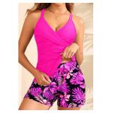 Women Underwire Tankini Swimsuit with Shorts - Two Piece Tummy Control Bathing Suit 2025 Swimwear with Pockets Pink Floral L
