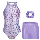Zaclotre Girls Gymnastics Outfit Sparkly Sleeveless Clasp Back Dance Leotard with Gym Shorts Purple Leopard 7-8Y
