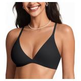 OEAK Womens Comfortable Triangle Bras No Underwire Sexy Plunge Unlined Bralette Pull On Bra Seamless Everyday Tshirt Bras Black,Large