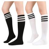 American Trends Knee High Socks for Women Striped Tube Socks Youth Athletic Soccer Socks 2 Pack Black White & White Black One Size