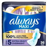 Always Maxi Overnight Pads with Wings for Women, Size 5, Extra Heavy Overnight Absorbency, Unscented, 36 Count