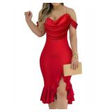 CHICME Womens Sexy Bodycon Party Dress Off The Shoulder Pearls Strap Midi Dress Ruffle Hem Cocktail Dresses Red-M