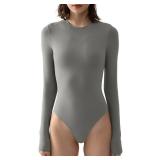 PUMIEY Long Sleeve Bodysuit For Women Sexy Body Suits Crew Neck Tops Elephant Gray Small