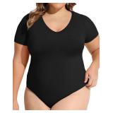 COOTRY Plus Size Short Sleeve Bodysuits for Women V Neck Body Suit Tops Basic One Piece Bodysuit T Shirt Black 3XL