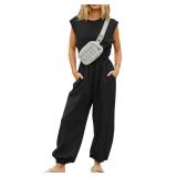 Kissonic Jumpsuits for Women Casual Crewneck Cap Sleeve Drawstring Romper One Piece Outfits with Pockets(Black-S)
