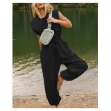 Kissonic Jumpsuits for Women Casual Crewneck Cap Sleeve Drawstring Romper One Piece Outfits with Pockets(Black-S)