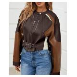 jackets for women Leather Bomber Jackets Cropped Zip Up Colorblock Fall Casual Coats, L