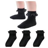 Mini angel Girls Ruffle Socks Eyelet Lace Socks Seamless Princess Frilly Pageant Sock for Kids 5-7 Years (Black 3 Pairs, XL)