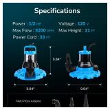 Hexago Automatic Swimming Pool Cover Pump, 1/3HP Submersible Water Pump with Check Valve Adapter & 33FT Power Cord, 2300GPH Water Removal Cover Pump for Pool, Hot Tubs, Rooftops and Water Beds