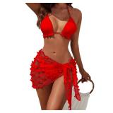 Blooming Jelly Womens 3 Piece Swimsuits Triangle Halter Thong Bikini Set Butterfly Bathing Suits Sarongs(Small, Red)