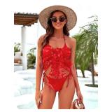 Blooming Jelly Womens 3 Piece Swimsuits Triangle Halter Thong Bikini Set Butterfly Bathing Suits Sarongs(Small, Red)